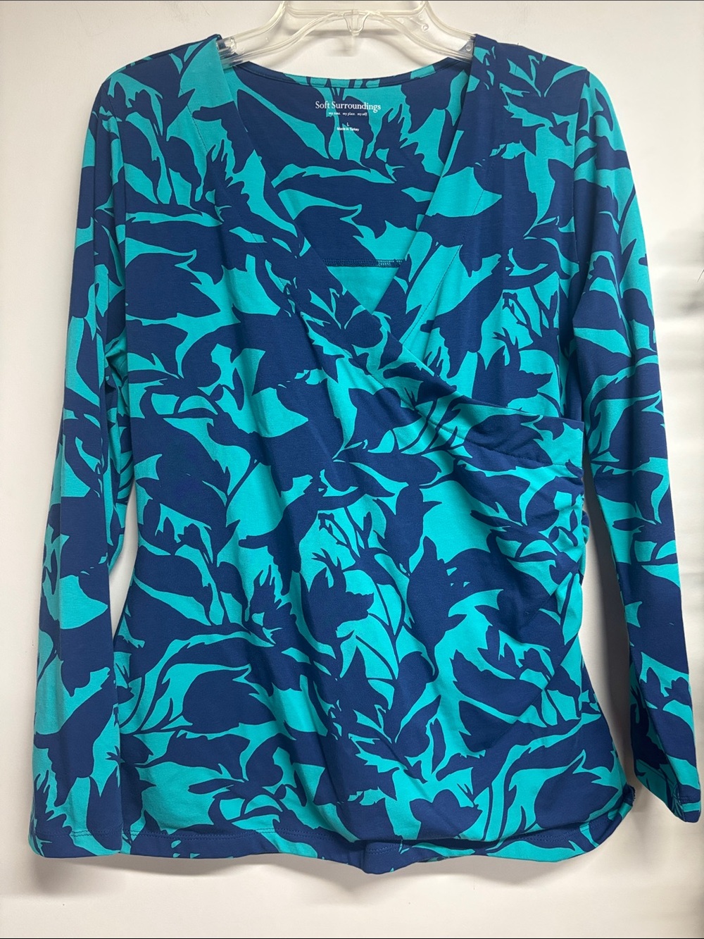 Soft Surroundings Teal & Navy Floral Faux-Wrap Top